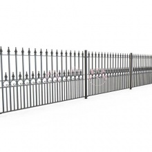 定制小区的围墙铁艺护栏(装饰:鱼尾旋流形状的镶嵌圆圈和矛头)