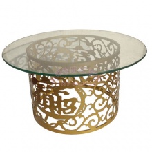 商店圆形透明钢化玻璃茶几,金属激光"招财进宝"底座