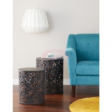 复古室内茶几床头桌 2件套金属圆桌鼓桌 抛光镂空底座 木制桌面